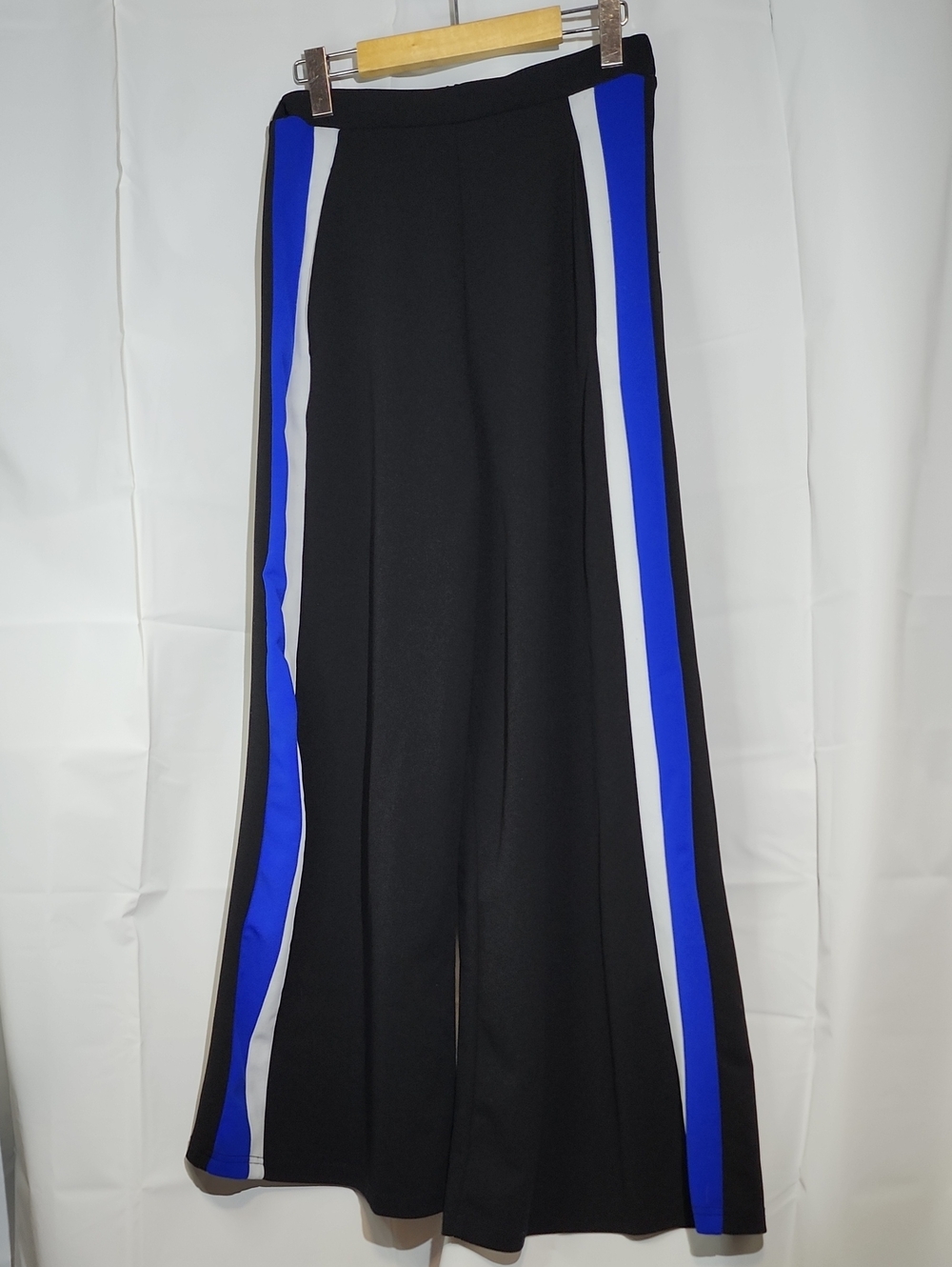 French Connection Black Wide-Leg Pants with Blue & White Side Stripes